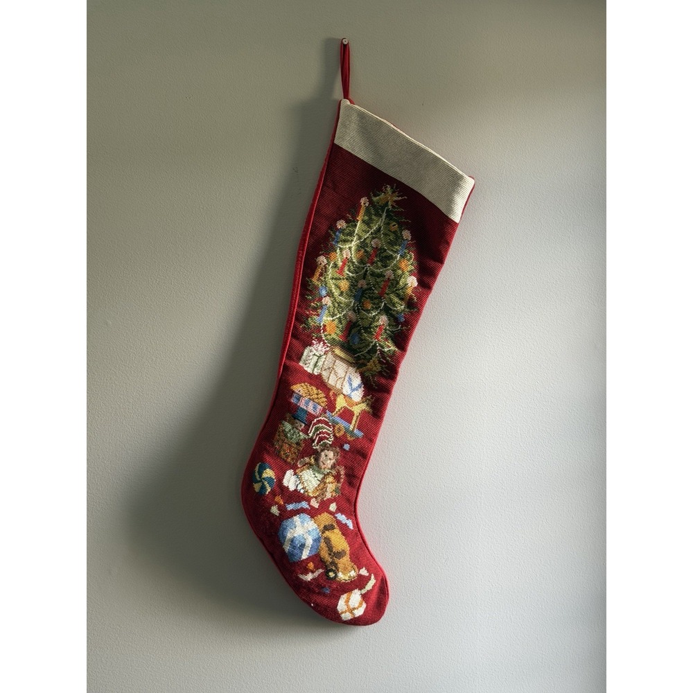 Sferra 34" Needlepoint Christmas Stocking Toys Christmas Tree Teddy Bear